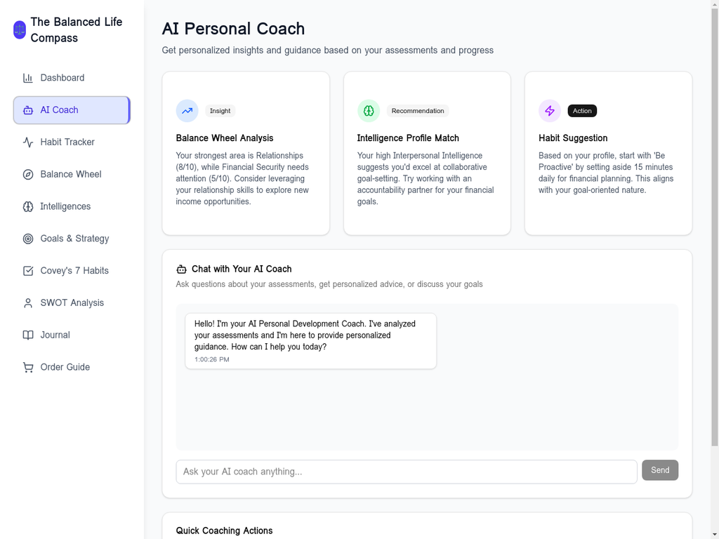AI Personal Coach Interface - Get personalized coaching insights and recommendations based on your assessments and progress patterns
